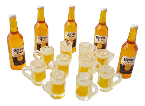 5 Botellas De Corona Y 10 Vasos Cerveceros En Miniatura 