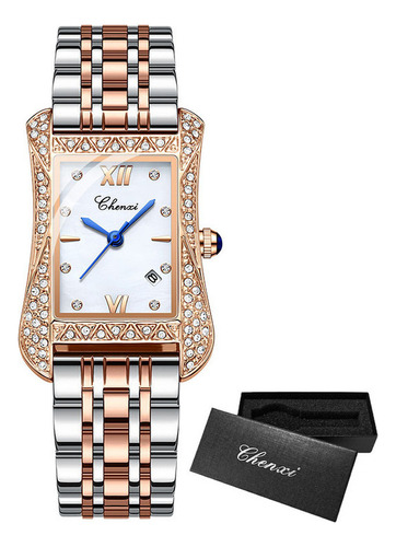 Reloj Chenxi de piel con calendario cuadrado de diamantes, color correa, plateado