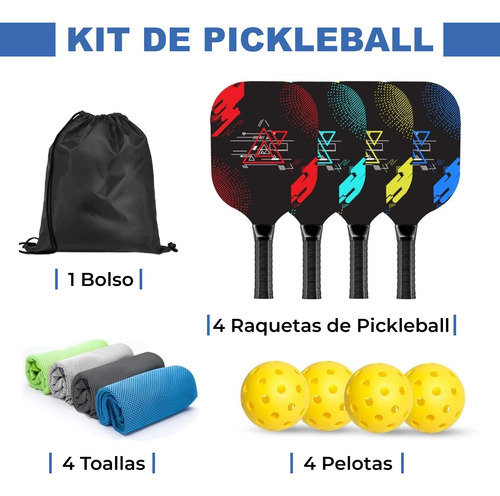 Raquetas Pickleball (4), Pelotas Pickleball (4) Kit 13 Pcs.