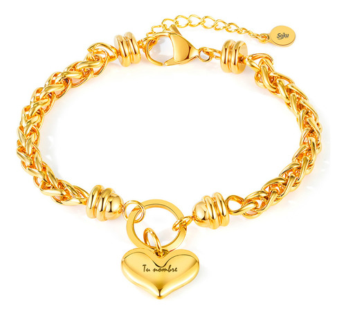 Soku Pulsera Corazon 3d Personalizada Grabado Acero Titanio Color Oro Diámetro 18 Cm Largo 18 Cm