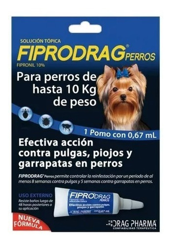 Pipeta Fiprodrag Antipulga Hasta 10 Kg Perro 0,67 Ml