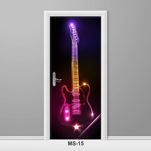 Adesivo Para Porta Música Guitarra Neon Efeito Luzes Ms-15