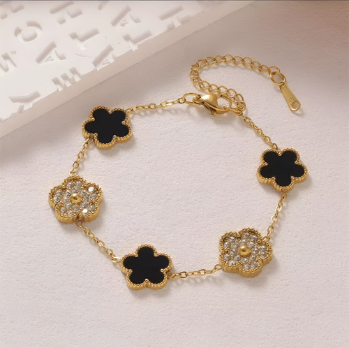Pulsera Flores Trébol Tipo Van Cleef Acero Inoxidable Negro Con Strass 19 Cm