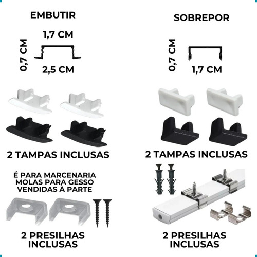 Kit 5 Perfil Led Slim Embutir Gesso Madeira Teto Aluminio Unica
