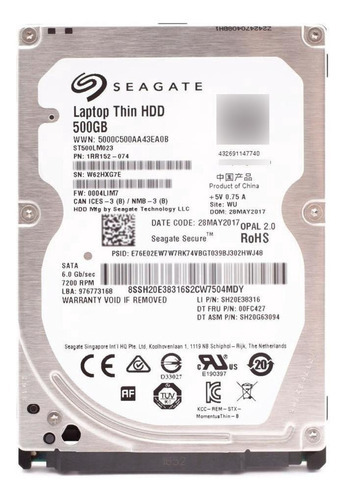 Portátil HD Seagate Thin Hdd ST500LM023, 500 GB, 7200 rpm, color gris claro