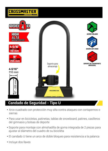 Imagen 2 de 4 de Candado De Seguridad Tipo U 110 Mm Crossmaster 9933406