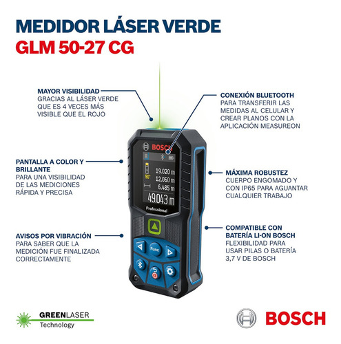 Medidor Láser Bosch Glm 50-27 Cg Con Luz Verde Y Bluetooth