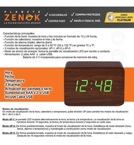 Reloj Despertador Madera Led Temperatura Fecha Alarmas Usb