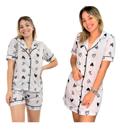 Kit  Pijama E Camisola Americano Verão Botões Amamentação 