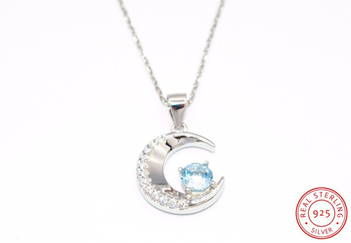 Imagen 4 de 6 de Collar Luna Creciente Topacio Azul Y Circones, Plata 925