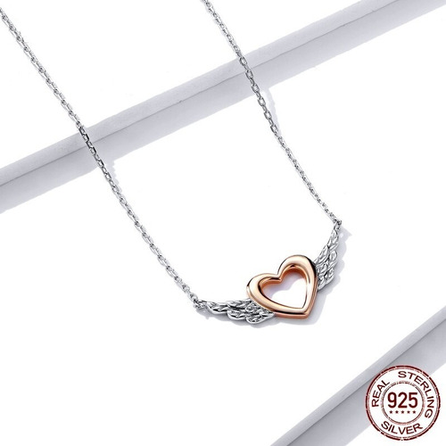 Collar De Plata Fina S925 Y Circones - Diseño Corazón Y Alas