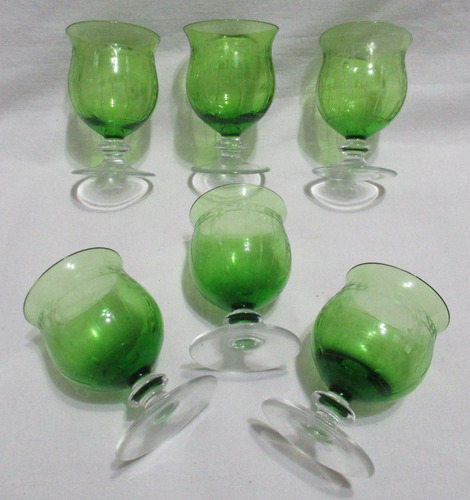 Juego 6 Copas Licor Art Deco Cristal Francés Tallado Verde 