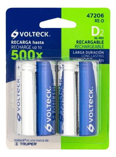 Imagen 2 de 5 de Set 2 Pilas Grandes Recargable D 4000 Mah Volteck 500 Ciclos