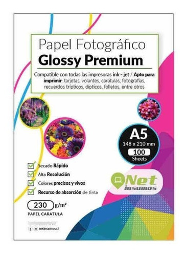 Papel Fotográfico Premium Glossy A5 230gr Pack 100 Hojas