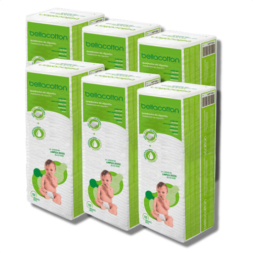 Lenço Algodão Bellacotton Quadrado Para Bebê Hidrófilo Limpeza Diária - 6 Pacotes com 100 Unidades