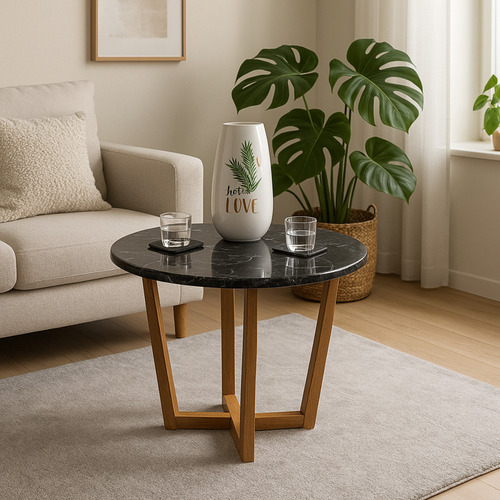 Mesa Ratona Arrime Madera Maciza Redonda S/ Marmol Moderna Negro