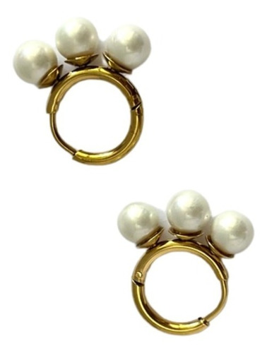 Aros Zarcillos Triple Perla Acero Inoxidable Bañado En Oro