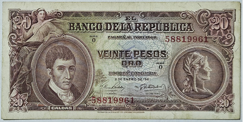 Billete 20 Pesos 02/ene/1961 Colombia Vf-xf 