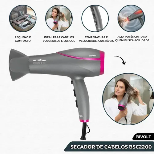 Secador De Cabelos Britânia BSC2200 Bivolt 2100w Com Tecnologia Tourmaline Íons - 2 velocidades + 3 temperaturas + jato de ar frio - R$ 119,99