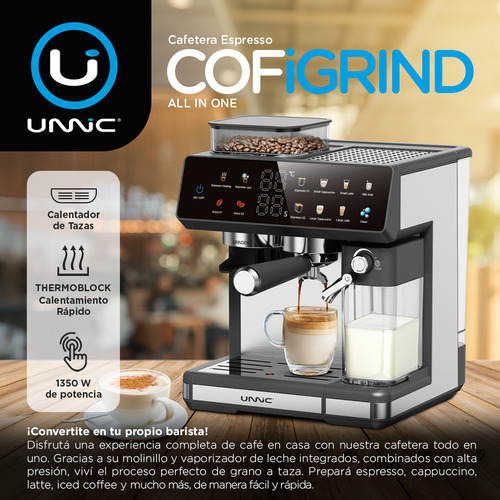 Cafetera Unnic Espresso Con Molinillo Granos Digital Tactil Con Deposito De Leche Acero Inoxidable Para Barista De 20 Bares 1350w Espumador 2.6 L Calienta Tazas Café Caliente Frio Desayuno Color Negro