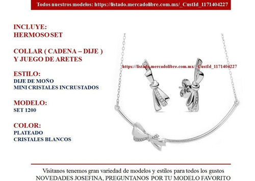 Set 1200) Conjunto Collar Dije Aretes Moño, Plata