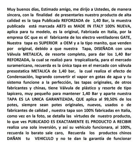 Tapa Deposito Radiador Peugeot 408 Reforzada 1.40 Bar Italy