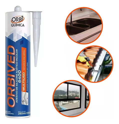 Cola ADESIVO DE SILICONE ACÉTICO MULTIUSO 280ML/250G INCOLOR TRANSPARENTE CARTUCHO ORBIVED Orbi Química de 250g - Incolor