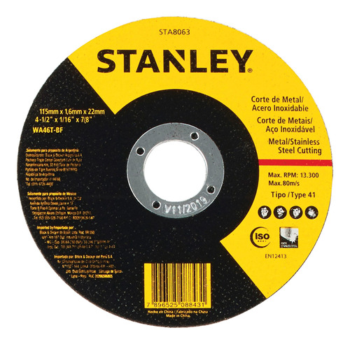 Disco Corte Metal/inox 4,5  Eje 7/8  Stanley Sta8063