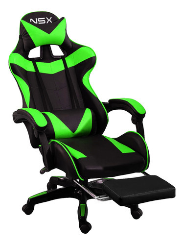 Cadeira Gamer Ergonômica Preta Verde Estofado Couro Sintético