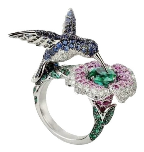 Anillo Baño Plata Colibrí Flor + Caja Regalo Mujer Joya