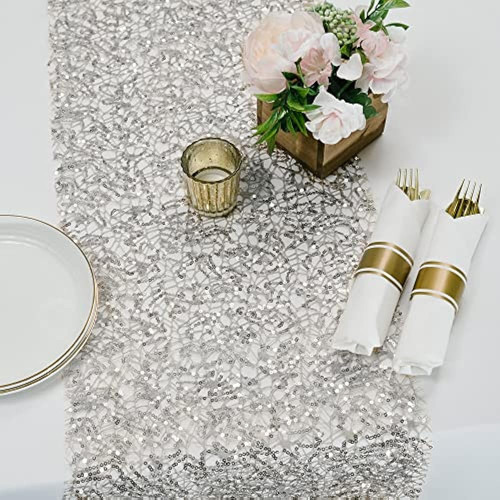 Papakit Premium Glam Silver Sequin Mesh Camino De Mesa 11 X8