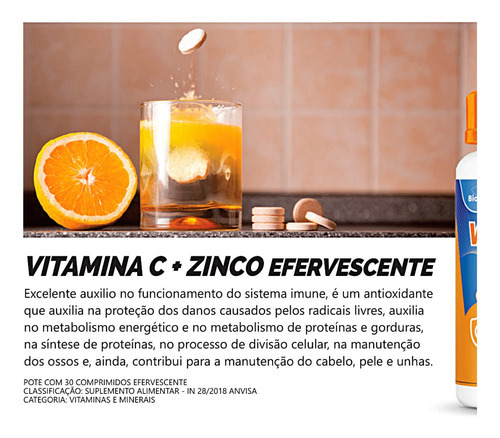 Vitamina C Com Zinco 30 Comprimidos Enfervescente Biovittas Sabor Laranja Laranja