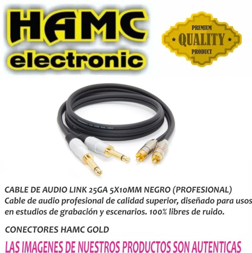 Imagen 2 de 3 de Cable Audio 2 Plug 6,5 Mono A 2 Rca Macho Metalico 1mts Hamc
