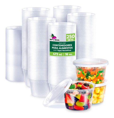 Berry Bloom 250 Envases para Alimentos Transparentes Reutilizables Deli: Tapas de Sellado Hermético, Ideales para Alimentos Fríos y Calientes, Apto para Microondas (16 onzas)