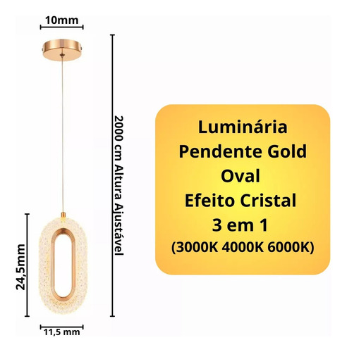 Luminária Pendente Anel De Cristal Oval Led 8w Cor Ajustável