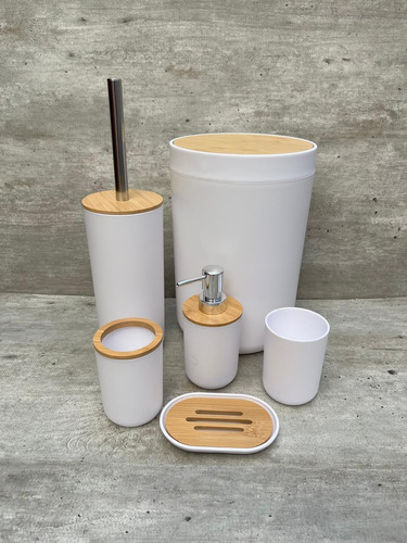 Set De Baño Plástico Y Bambú 6 Piezas Estilo Nordico Blanco