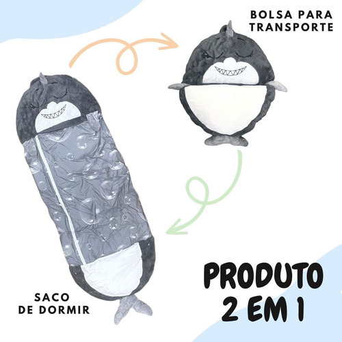 Saco De Dormir Infantil 2x1 Coberto Vira Mochila Tubarão