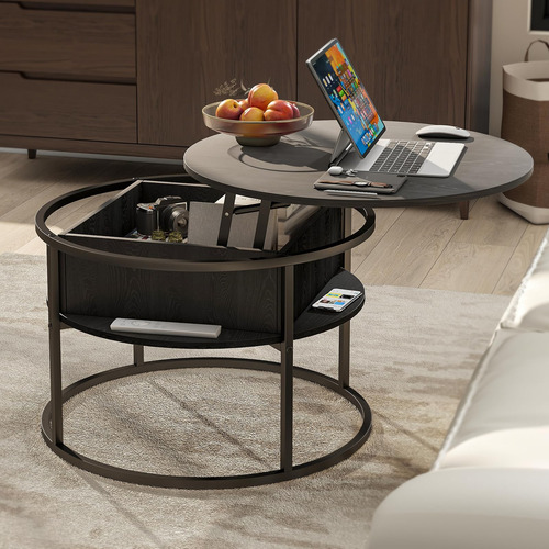 Mesa De Centro Redonda Elevable Negra Con Compartimento Ocul
