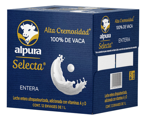 Pack X12 Cajas De Leche Entera Alpura Selecta De 1 Litro C/u