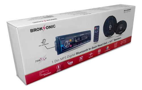 Autoestereo Desmontable 1 DIN Desmontable 75W x 4 Bocinas 6.5 Pulgadas Bluetooth Auxiliar 3 vias Iluminación Multicolor Función Graba tus llamadas Ecualizador Broksonic Bs-420d65