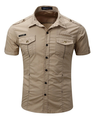 Camisa Social Masculina Estilo Militar Manga Corta