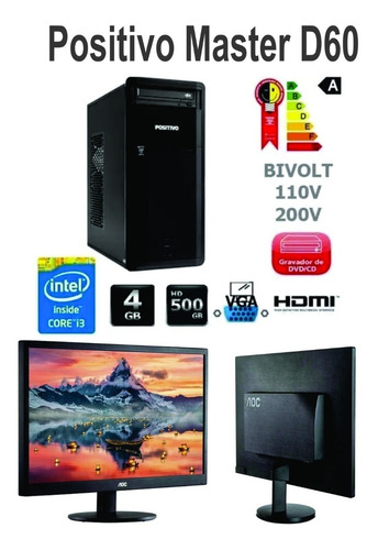 Imagem 1 de 3 de Desktop Positivo D60 I3-3.6ghz 4gb Hd500gb C/ Monitor LG 20