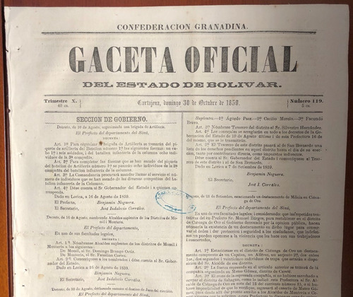 Gaceta Estado De Bolívar 1859 Confederación Granadina