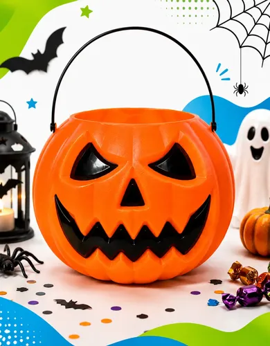 Baldes de abóbora de Halloween nas cores laranja, roxo e preto
