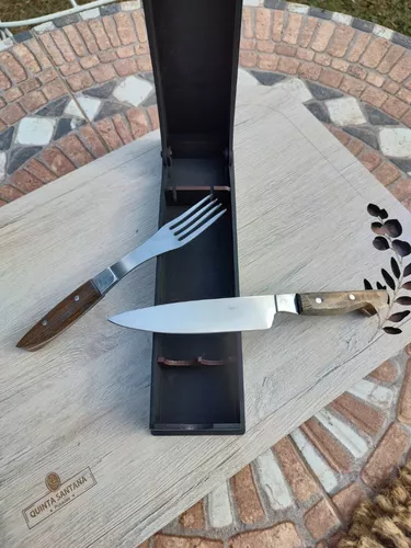 Cuchillo Y Tenedor Artesanal Para Asado En Estuche 25x7x5cm