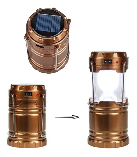 Lampião Solar Lanterna Led Recarregável Lamparina Saída Usb Cor Dourado