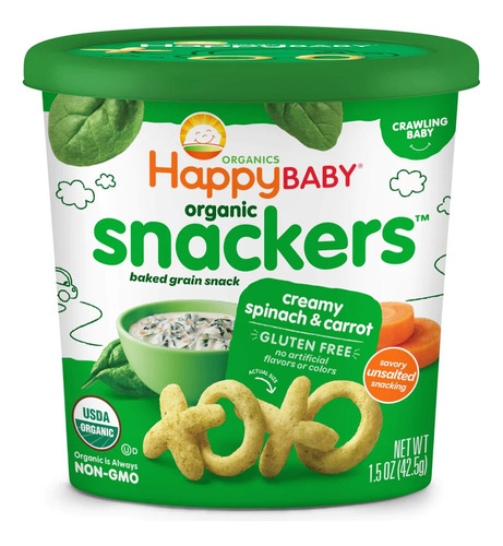 Snackers Happy Baby Snacks Orgánicos Para Niños Gluten Free Sabor CREMA DE ESPINACA