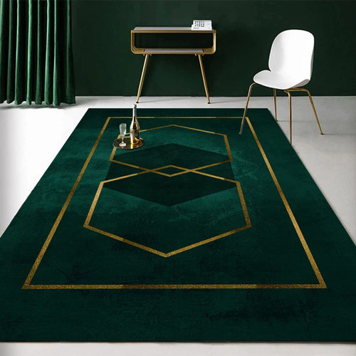 Alfombra Lujo Geometrica Verde Esmeralda Dorada Linea Fondo