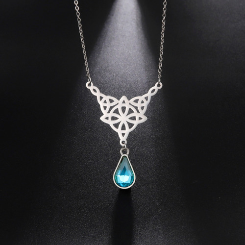 Imagen 6 de 7 de Collar Dije Nudo Bruja Mujer Cristal Gota Azul Acero Plata
