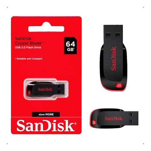 Pendrive Sandisk Cruzer Blade 64gb 2.0 Preto E Vermelho